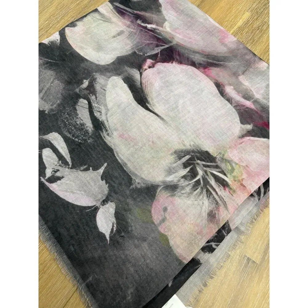 Laura Women’s Scarf Wrap Shawl Gray Floral 100% Polyester Lightweight Fringe